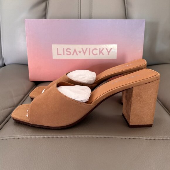 Lisa Vicky Vital - V  Tan Kid Suede Block Heel Slide Sandal Heels New in Box - Picture 4 of 9